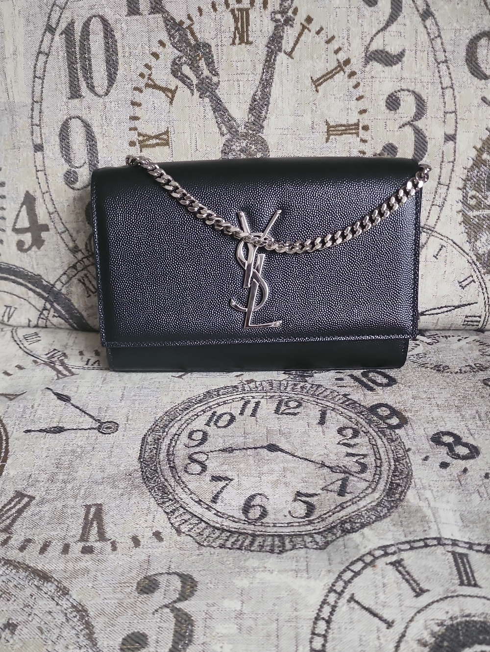 Saint Laurent Kate Medium Black Textured Leather Silver YSL Logo
